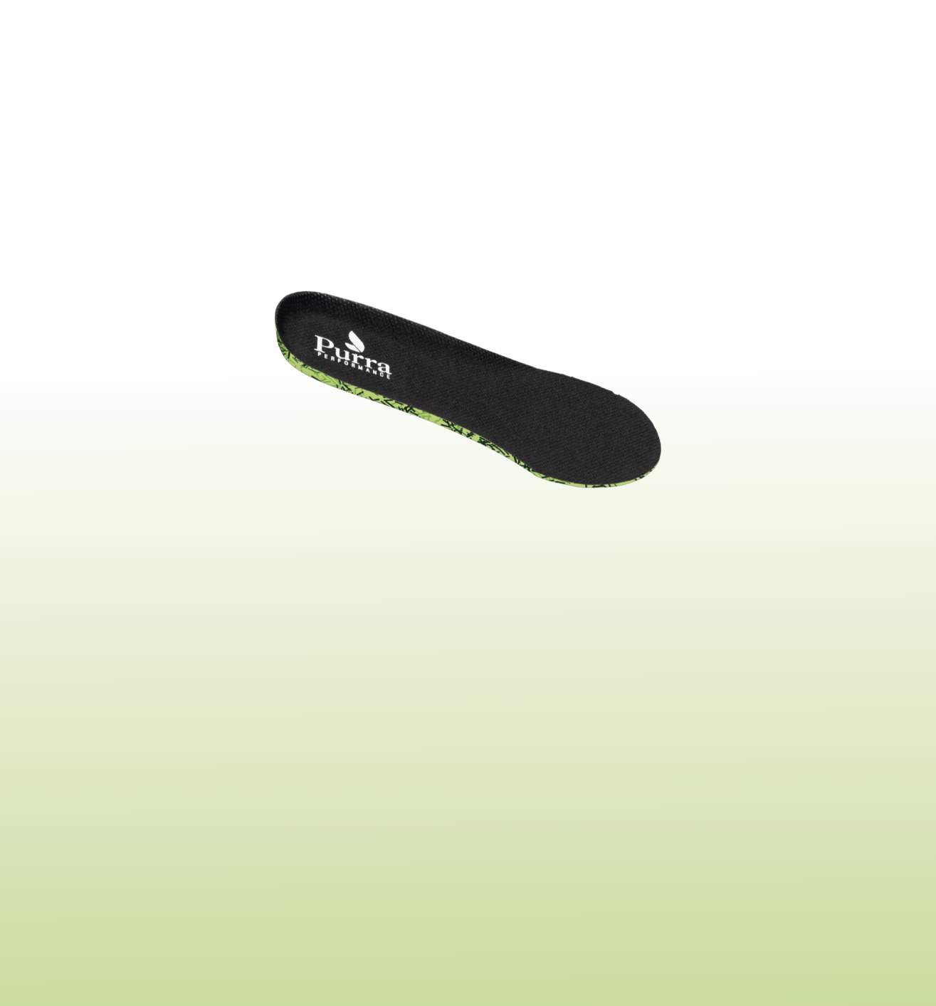 The recycled material EVA/PU insole.  With a black upper and black and green camo style lower, shown on a gradiated white to pale green background.  The Purra logo is shown on the heel area.