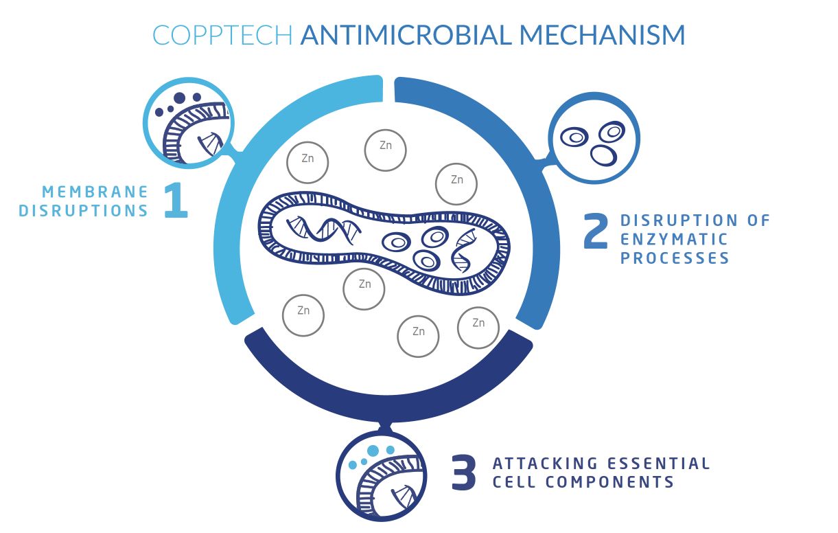 An infogram that shows visual that illustrates how the Copptech Antimicrobial mechanism works with the zinc in the technology protecting the foot from the following three attacks.  Top left is number one which is the membrane disruption, top hand side, number two is the disruption of the enzymatic process.   Bottom section, number 3 shows how the zinc stops essential cell components being attacked.