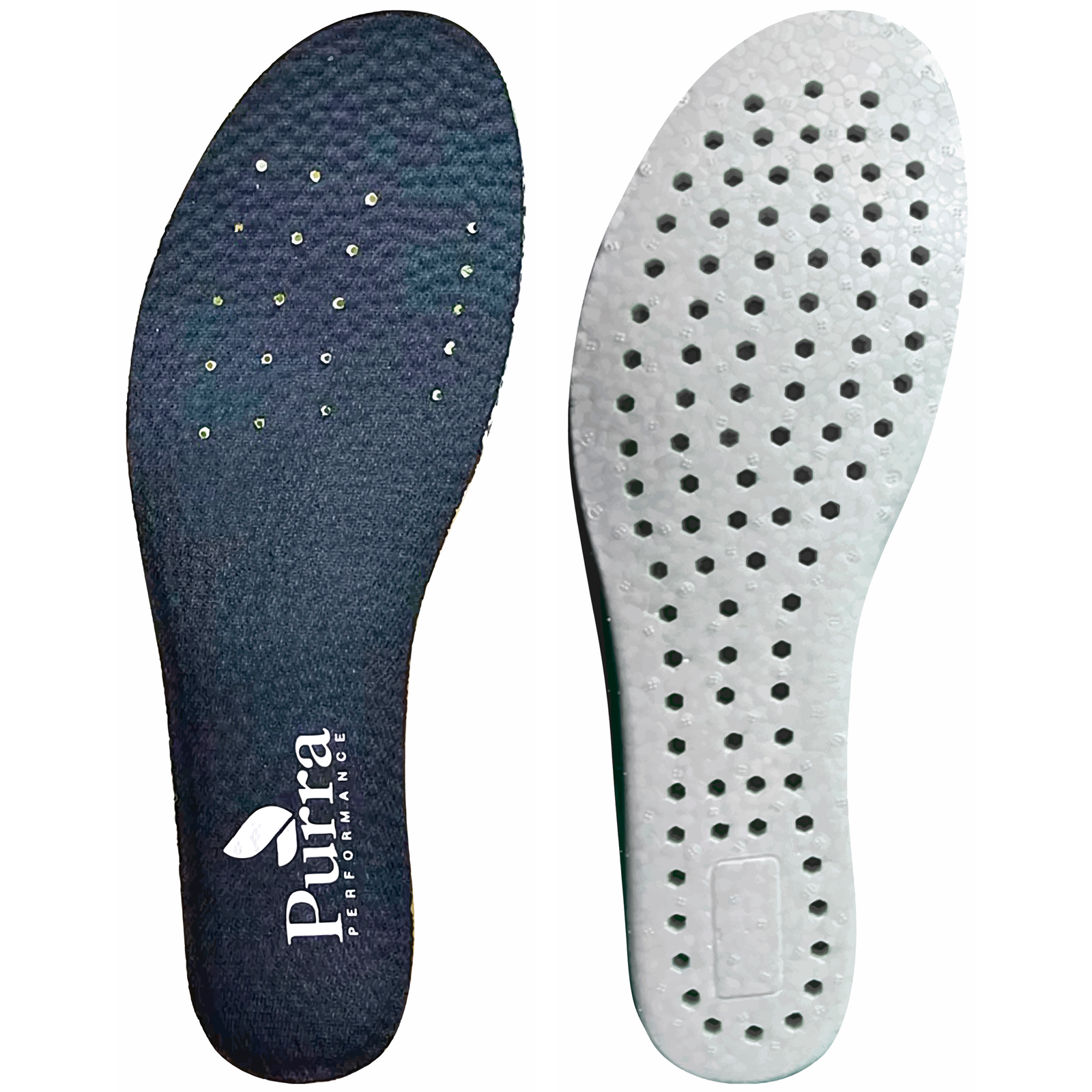 This shows the antimicrobial ETPE insole both the navy blue upper and the lower white sole with the holes for air flow like. 