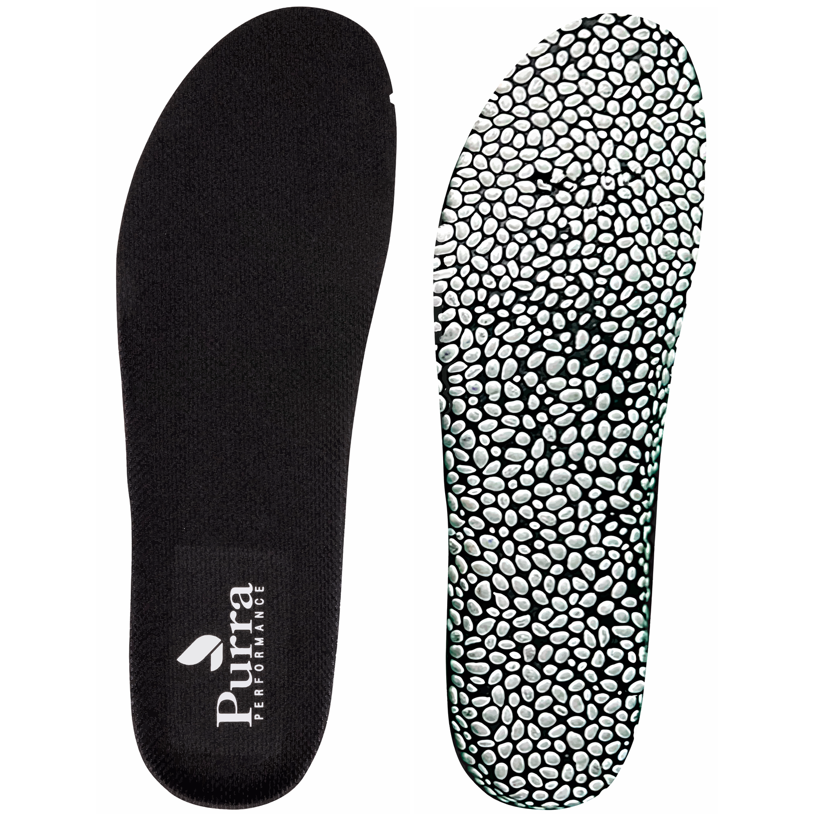 This shows the eco friendly ETPU insole both the black upper and the lower white pebble like image sole. 