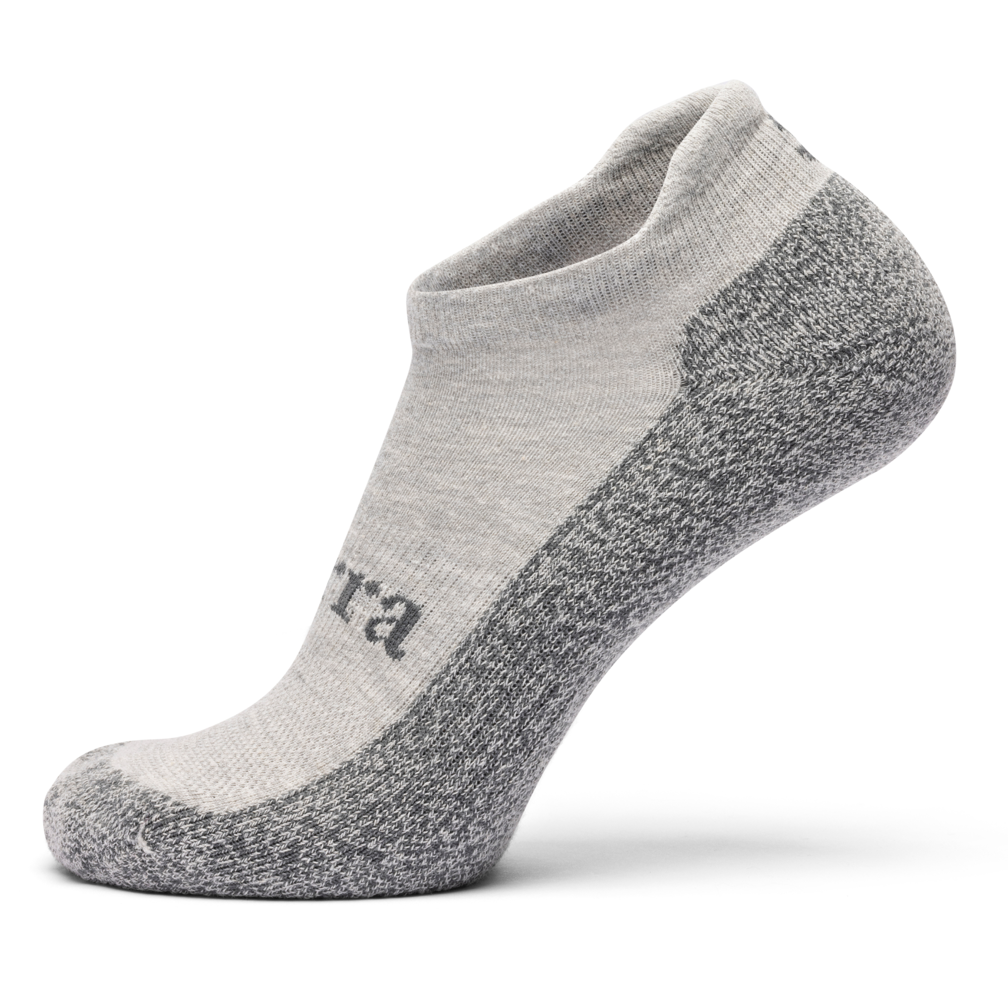 One single light and dark grey Purra No Show sock is shown it is standing on its toe.  The image calls out all the technical elements of the sock using hot spot icons