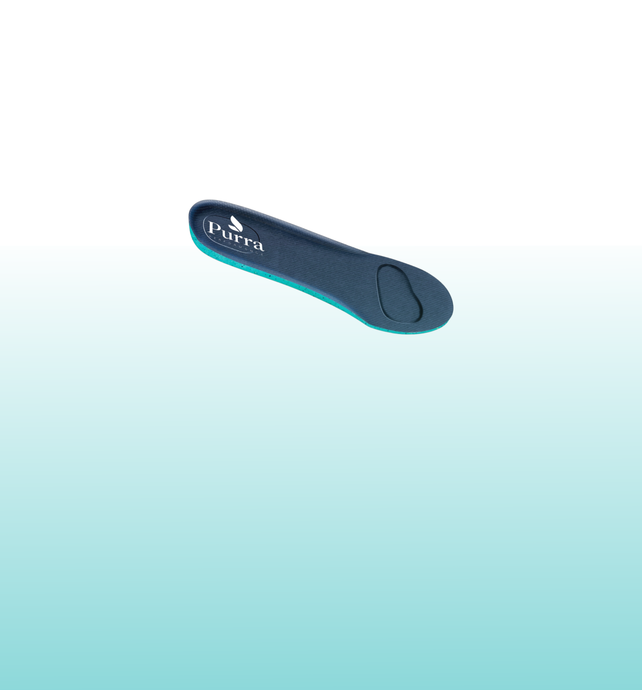 A single memory foam insole with a navy blue upper and teal colored bottom shown on a pale teal background.  The Purra logo is show on the heel area of the insole