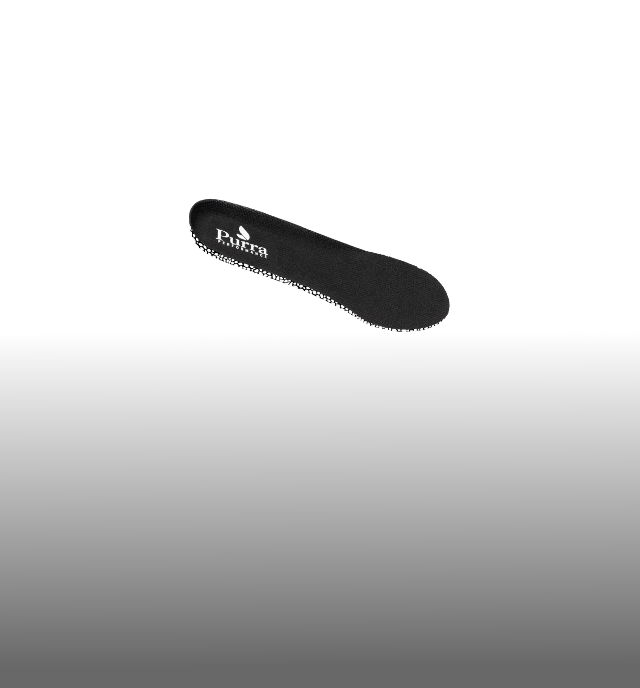 The eTPU high impact insole - black upper and black and white dotted lower shown on a gradiated white to pale grey background. The Purra logo is shown on the heel area.