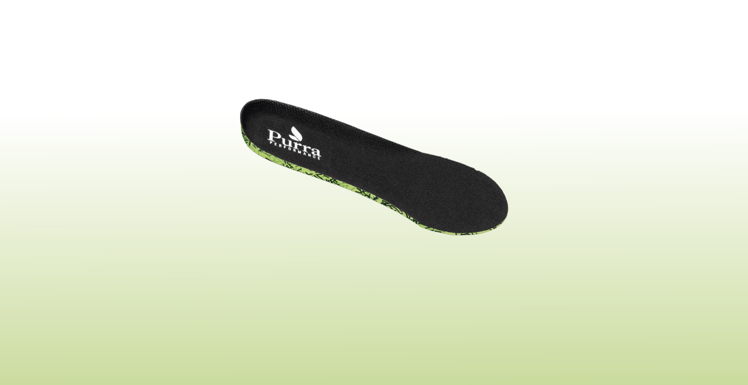 The recycled material EVA/PU insole.  With a black upper and black and green camo style lower, shown on a gradiated white to pale green background.  The Purra logo is shown on the heel area.