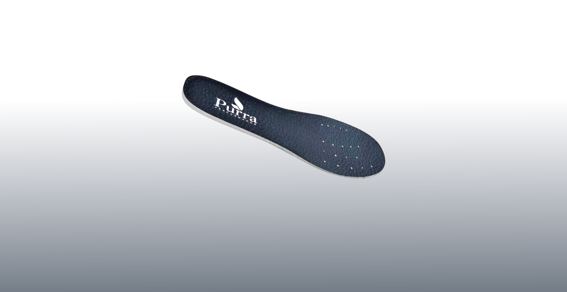 The super lightweight eTPE insole with a black upper and white lower is shown on a gradiated white to pale grey background.  The Purra logo is shown on the heel area.