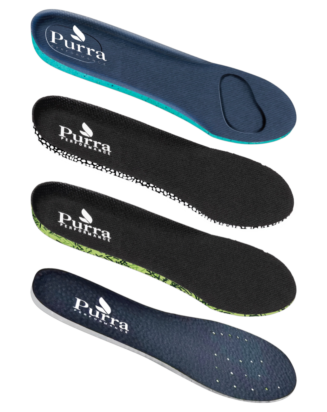A combined view of all the insoles that Purra manufactures stacked on above the other on a white background.