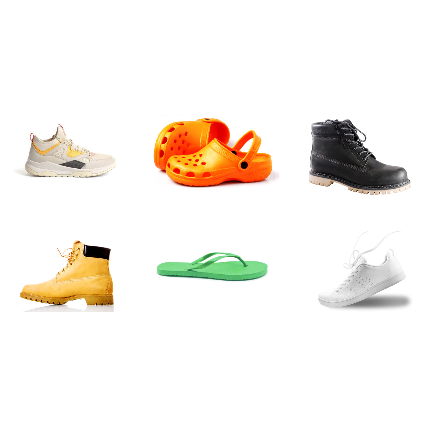 An image representing multiple different types of footwear that would benefit from the Purra Copptech technology in their insoles.  Top row from left to right - single white sneaker with yellow highlights, middle image a pair of bright orange Crocs, right image a dark brown hiking boot with rubberized cream sole.  Bottom row from left to right.  A single Timberland style boot with hi-top, middle image a single bright green flip-flop, bottom right image a bright white tennis shoe.